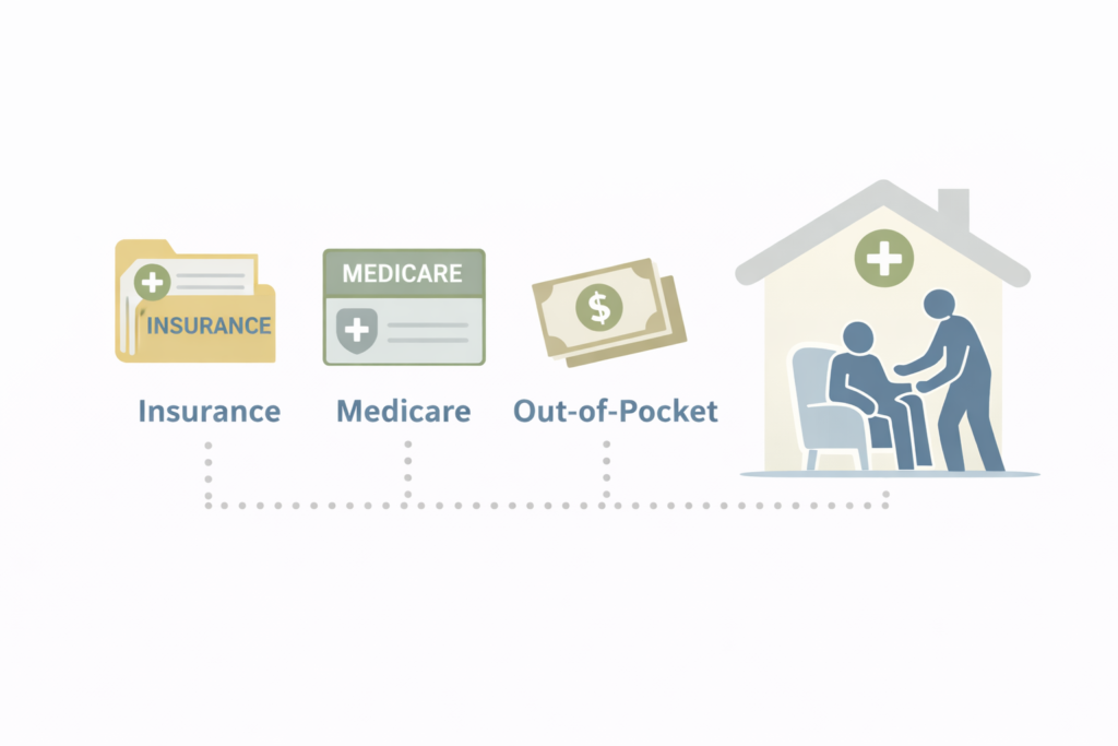 Who Pays for In-Home Care? Understanding Common Payment Options and Limits 1 Visual explanation of common ways in-home care is paid for and where coverage limitations apply, shown with neutral payment and care icons