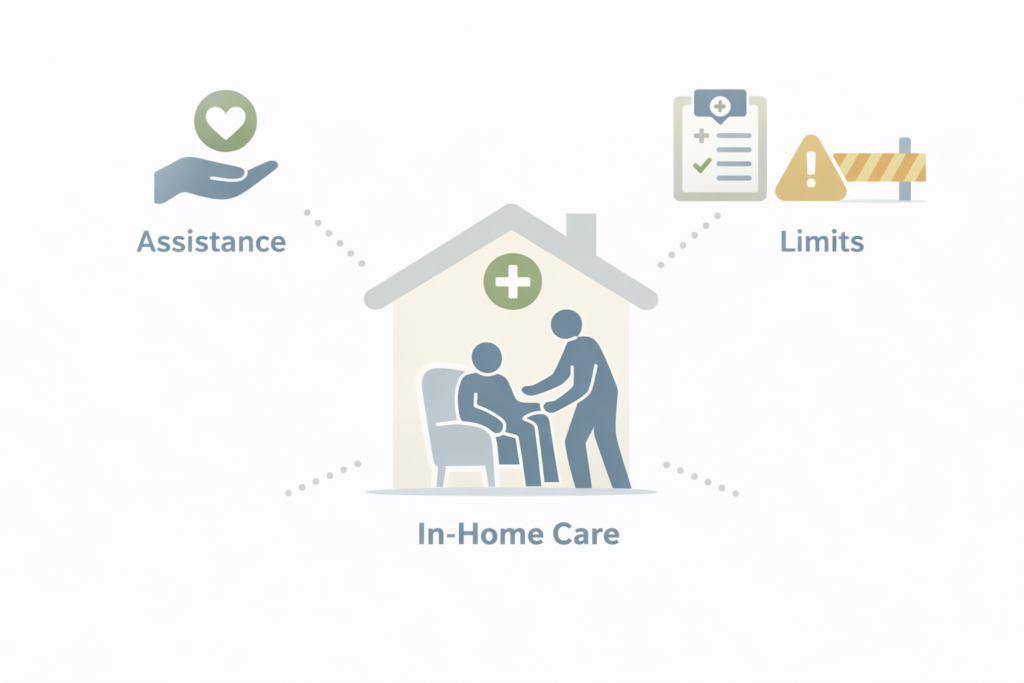 What Is In-Home Care? When It Helps, What It Includes, and Its Limits 1 Visual explanation of in-home care services, including assistance provided, appropriate situations, and practical limits, shown with neutral symbols