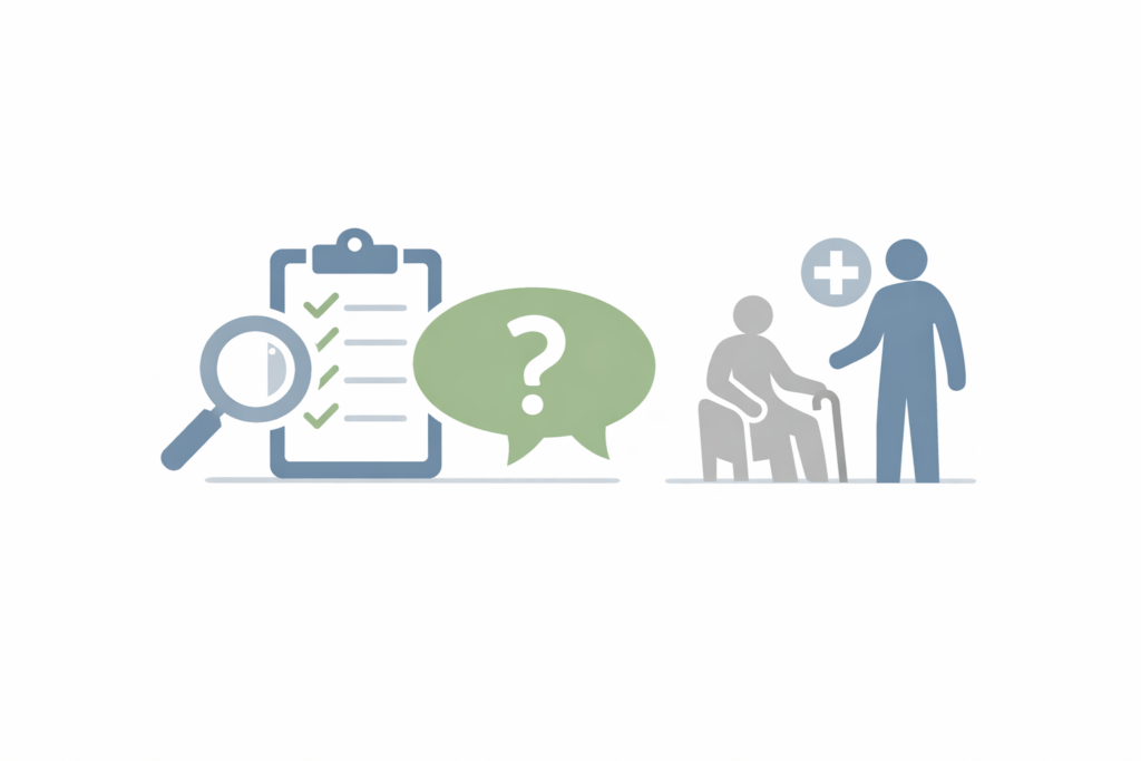 Visual guide to questions families should ask when evaluating and hiring an in-home caregiver, shown with neutral symbols and silhouettes