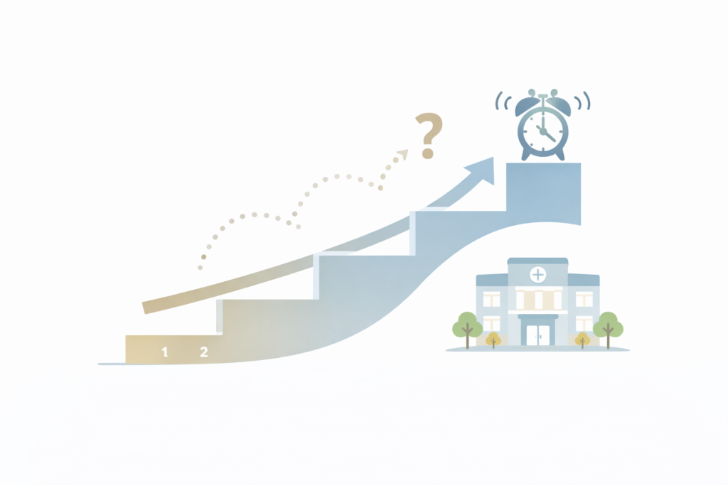 How Families Try to Delay Assisted Living — and When It Still Becomes Necessary 1 Visual representation of how families attempt to postpone assisted living and the point at which higher-level care becomes necessary, shown with neutral symbols and timelines