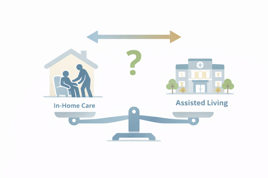 In-Home Care vs Assisted Living: How Families Decide and When a Transition Makes Sense 1 Visual comparison of in-home care versus assisted living, using neutral symbols to represent decision-making and the timing of care transitions