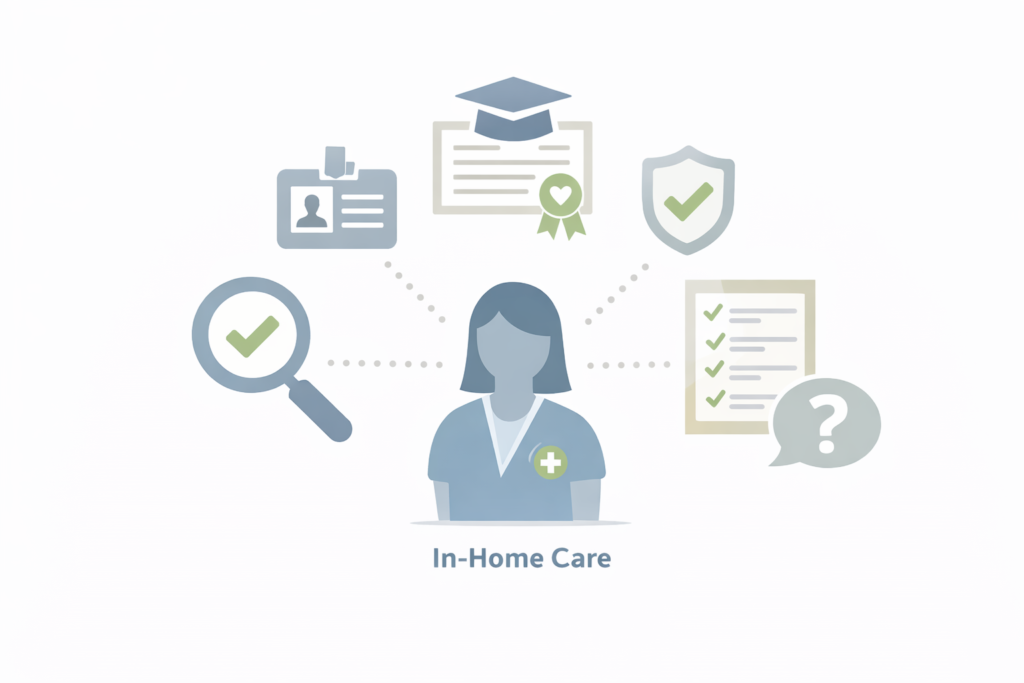 Visual guide showing what families should review before hiring a home care provider, using neutral icons for qualifications, trust, and decision criteria