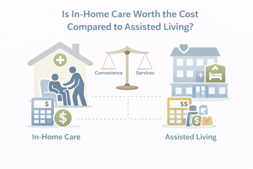 Is In-Home Care Worth the Cost Compared to Assisted Living? 1 Visual comparison of in-home care versus assisted living costs and value, using neutral icons to show services, convenience, and pricing factors