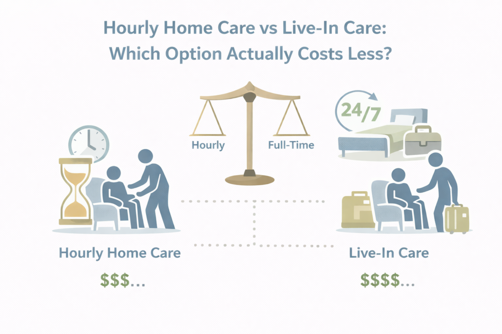 Hourly Home Care vs Live-In Care: Which Option Actually Costs Less? 1 Visual comparison showing how hourly home care and live-in care differ in cost structure, using neutral icons for time, availability, and caregiving