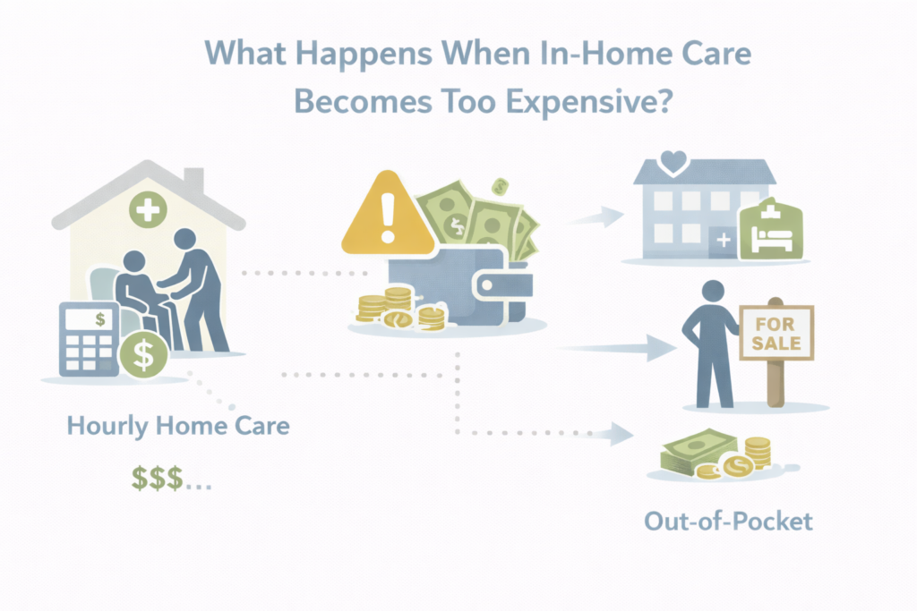 Visual overview of what families may face when in-home care becomes too expensive, including out-of-pocket costs and transitions to other care arrangements