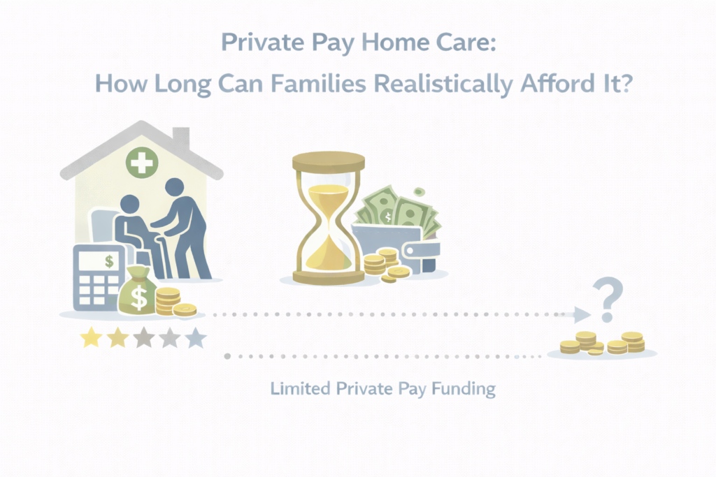Visual overview of the financial timeline families face when paying privately for in-home care, represented with neutral icons for cost, duration, and uncertainty