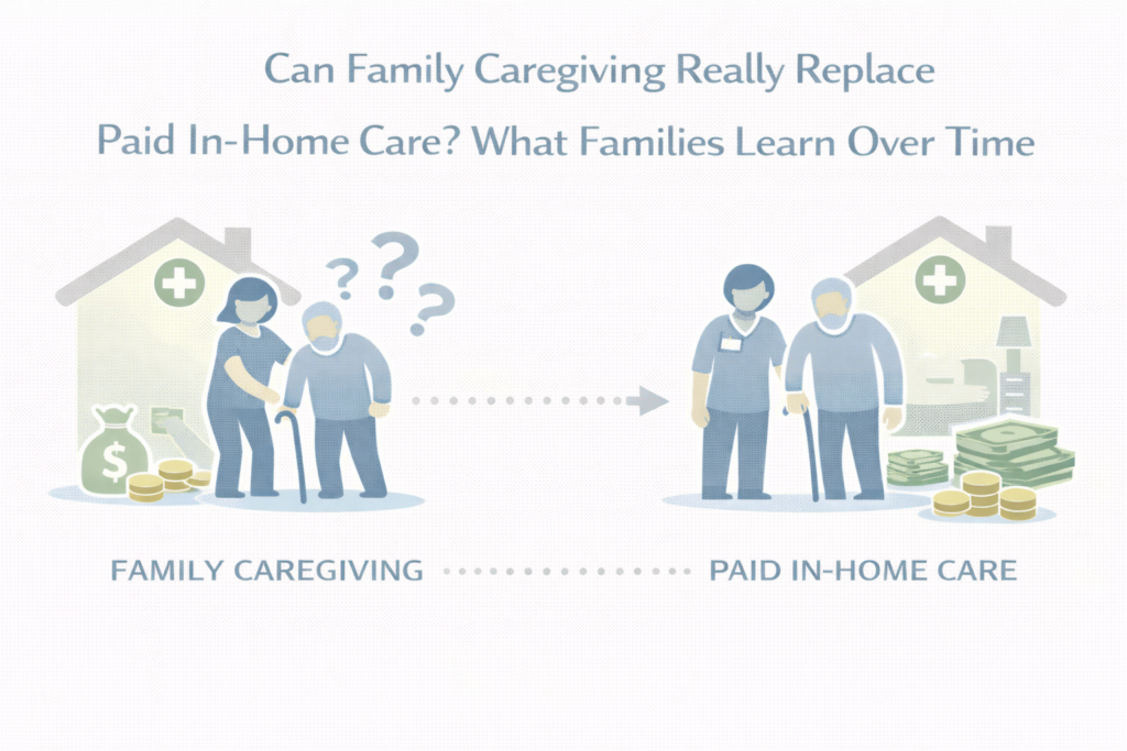 Can Family Caregiving Really Replace Paid In-Home Care? What Families Learn Over Time 1 Visual comparison of family-provided care versus paid in-home care, using neutral symbols to represent caregiving roles, financial impact, and long-term outcomes