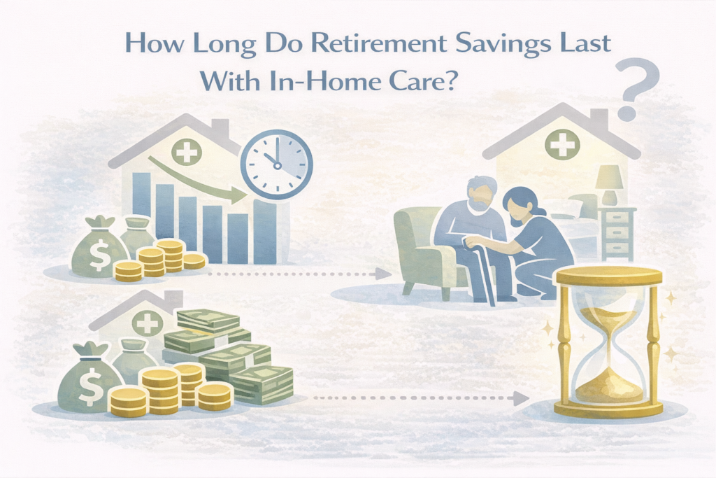 How Long Do Retirement Savings Last With In-Home Care? 1 Visual overview of the relationship between in-home care costs and the duration of retirement savings, represented with neutral icons for money, time, and care needs