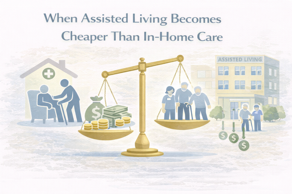 When Assisted Living Becomes Cheaper Than In-Home Care 1 Visual comparison of in-home care versus assisted living expenses, represented with neutral symbols for care settings and cost differences