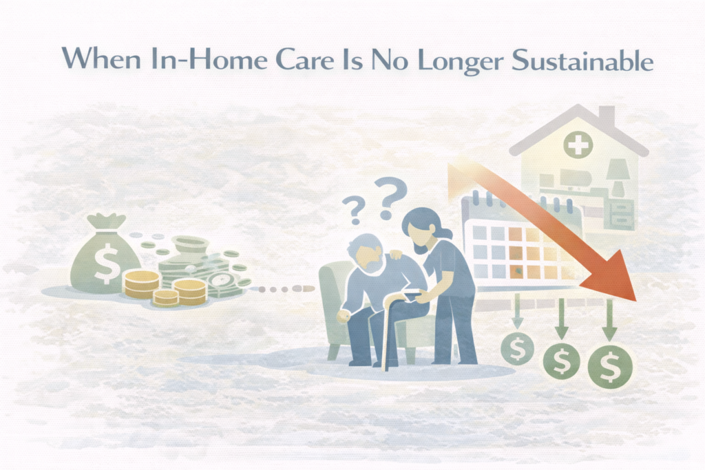 When In-Home Care Is No Longer Sustainable 1 Visual overview of the point at which in-home care becomes difficult to maintain, represented with neutral icons for care needs, time, and financial pressure