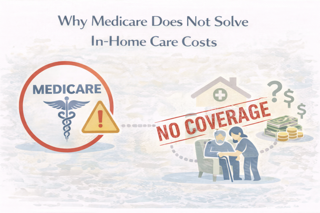 Visual explanation of why Medicare coverage does not solve in-home care expenses, represented with neutral icons for insurance, care needs, and personal payment