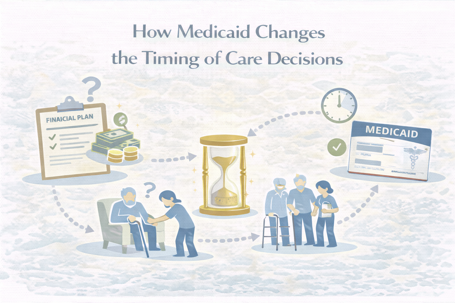 How Medicaid Changes the Timing of Care Decisions 3 Illustration showing how Medicaid affects the timing of care decisions, using symbols for financial planning, time passing, and changes in care options