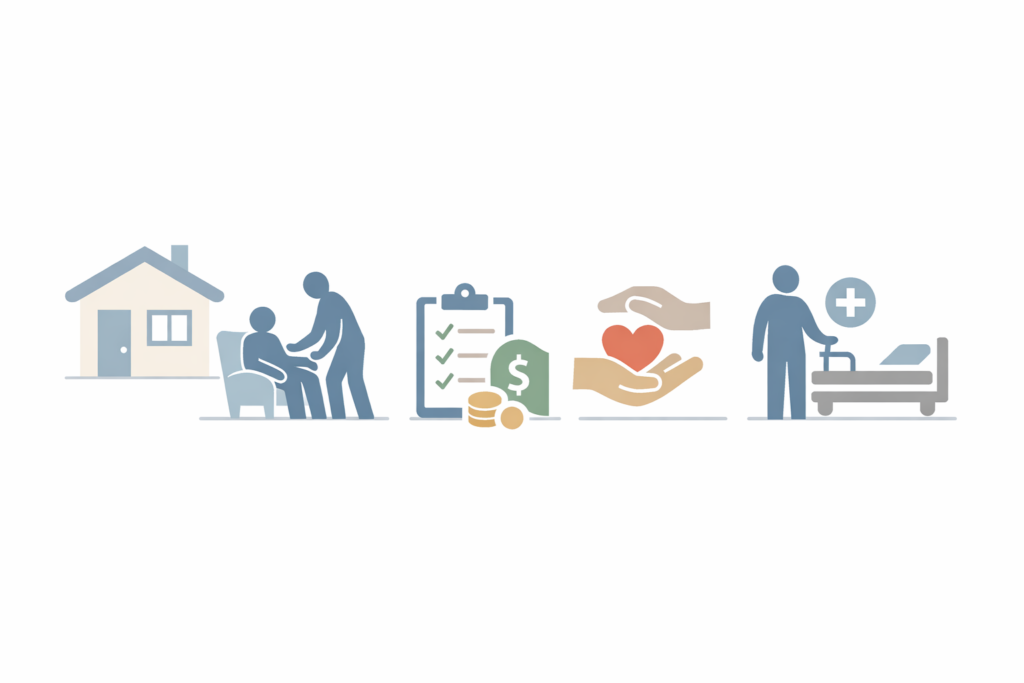 In-Home Care Without Insurance: How Families Actually Pay for Care 1 Visual overview of in-home care choices when insurance is not available, using neutral symbols for caregiving, self-pay, and support options