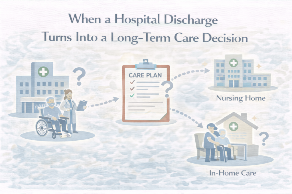 When a Hospital Discharge Turns Into a Long-Term Care Decision 1 Visual overview of the transition from hospital discharge to choosing long-term care options, represented with neutral icons for hospitals, care plans, and caregiving